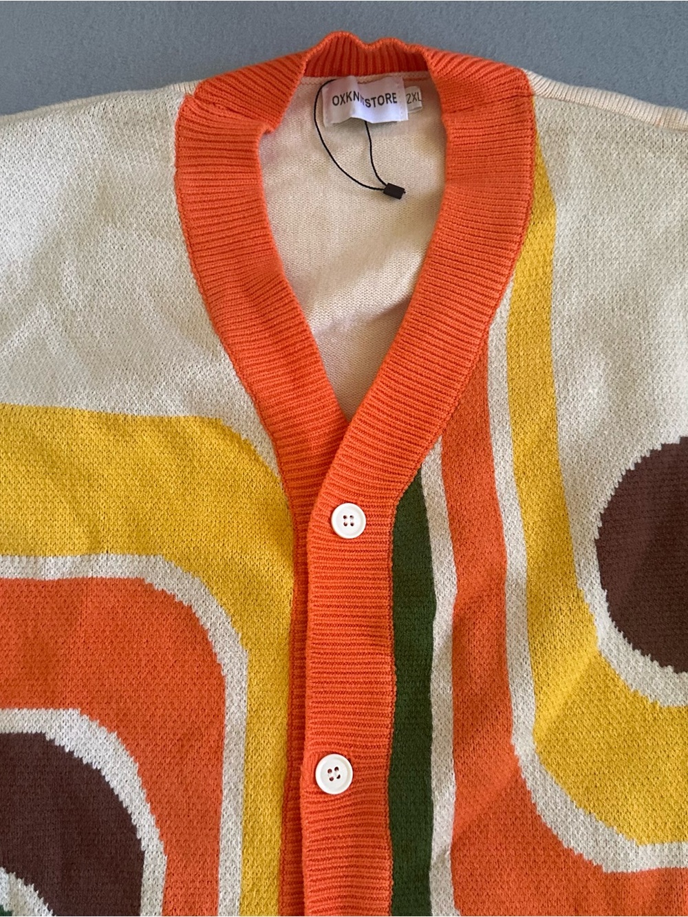 OXKNIT Retro 70s Geometric Knit Cardigan Cream Orange Mens 2XL Groovy - Picture 2 of 9